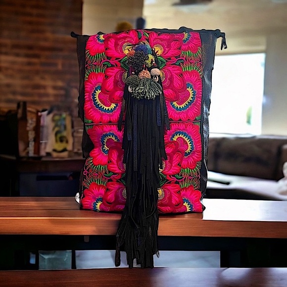 Boho REAL Leather Yoga Bag Hmong Pattern “One of a Kind” Bohemian Pom Pom bag💐 - Picture 1 of 16
